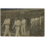 Yorkshire Cricket Council v Yorkshire 1918. Sepia real photograph postcard of players entering the