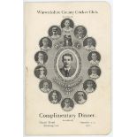 'Warwickshire C.C.C. 'County Champions 1911'. Rare official menu for the 'Complimentary Dinner' held