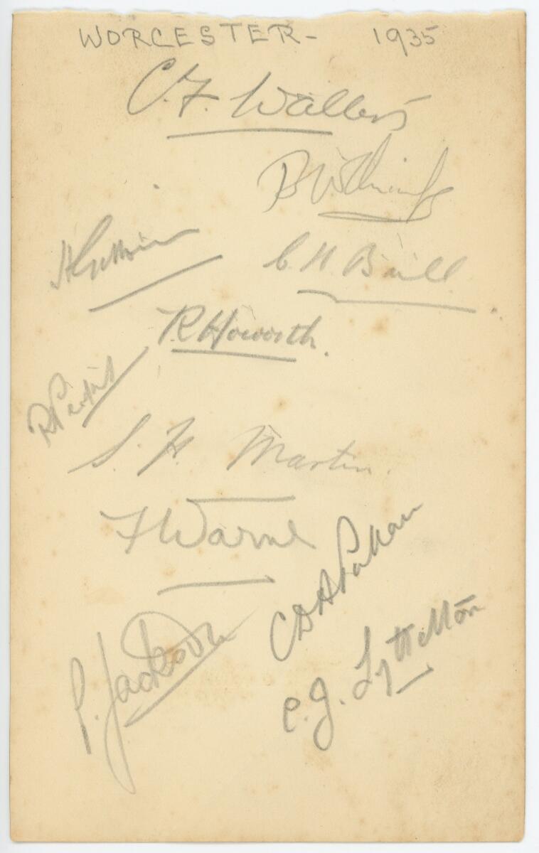 Worcestershire C.C.C. 1935. Album page signed in pencil by eleven Worcestershire players. Signatures