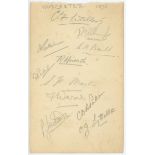 Worcestershire C.C.C. 1935. Album page signed in pencil by eleven Worcestershire players. Signatures