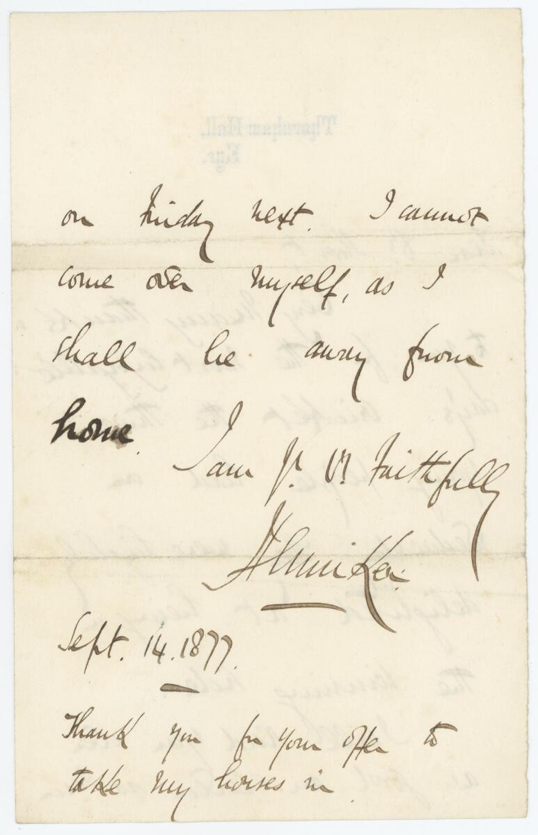 John Henniker-Major, 5th Baron Henniker. Two page handwritten letter on Thornham Hall, Eye (Suffolk)