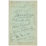 All India tour to England 1932. Album page signed in pencil by fourteen members of the India touring