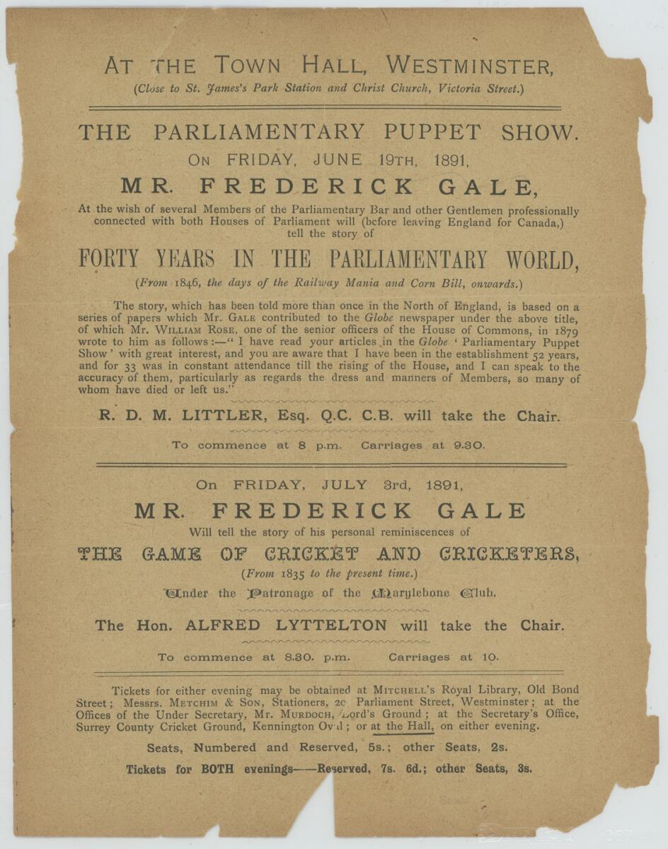 Frederick Gale. Kent 1845. Original printed single page flyer advertising two talks to be given by