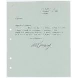 Alf Ramsey. Typed letter with address 41 Valley Road, Ipswich and dated April 1997, thanking the