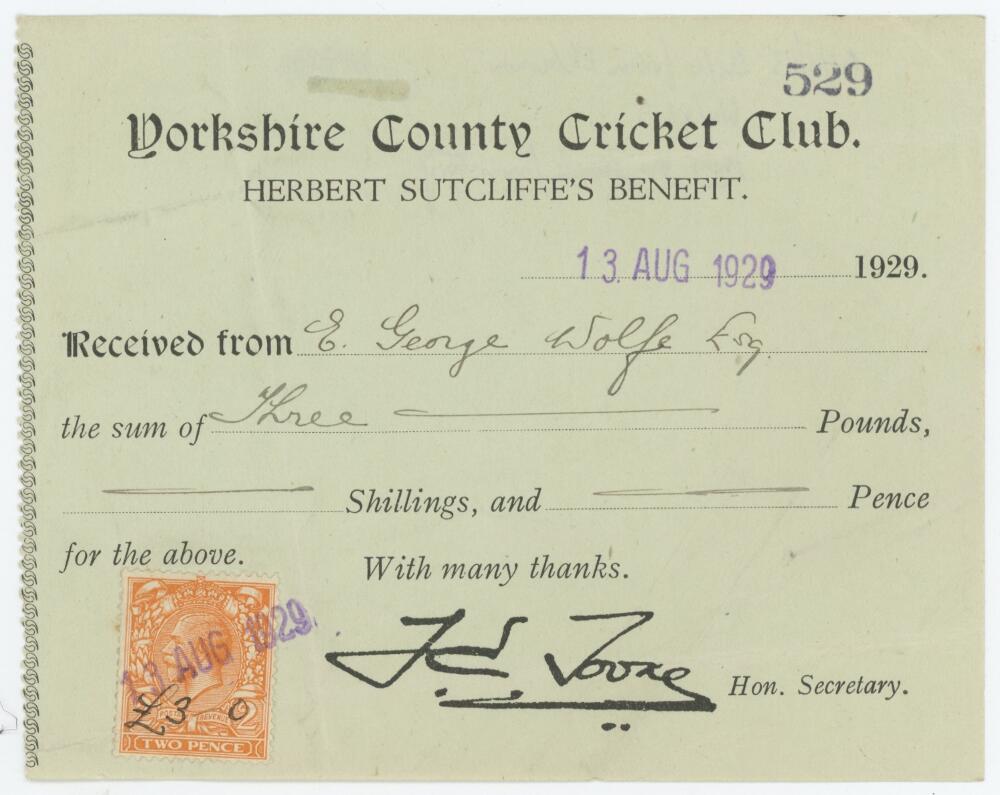 'Yorkshire County Cricket Club. Herbert Sutcliffe's Benefit'. Official receipt no. 529 issued to