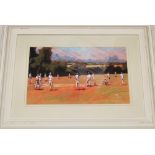 'Cricket in the Vale'. Tom White. Modern painting in acrylic depicting a cricket match in progress