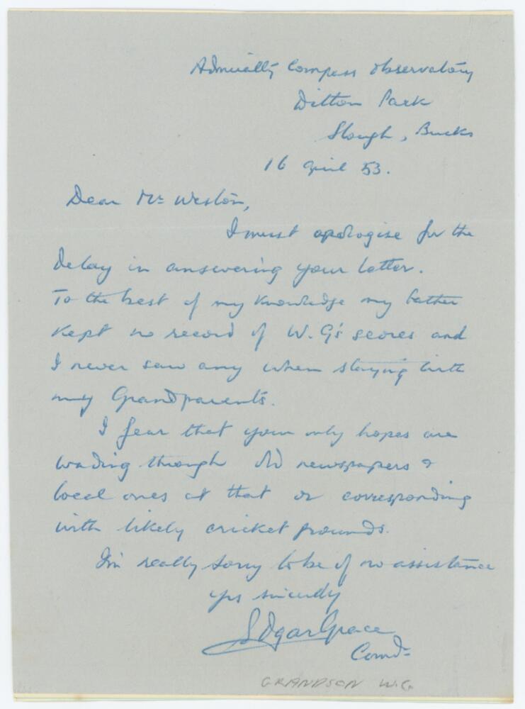 Edgar Grace, grandson of W.G. Grace. Single page handwritten letter in ink from Edgar Grace dated