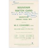 Colin Cowdrey. 'Souvenir match card of the Maidstone Cricket Week 1973 during which Colin Cowdrey