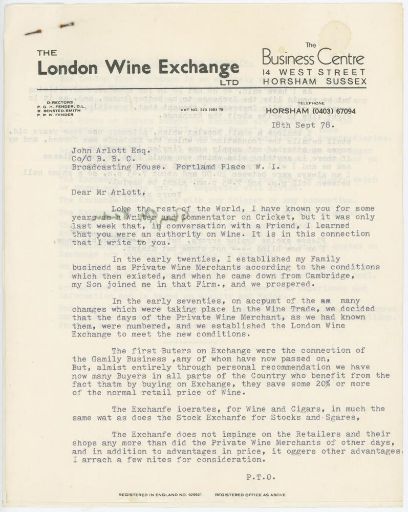 Percy George Herbert Fender. Sussex, Surrey & England 1910-1935. Two page typed letter, dated 18th