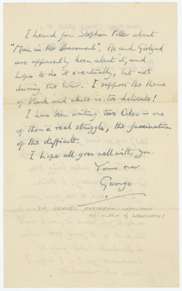 George Rostrevor Hamilton, poet and critic. Two page handwritten letter in ink dated 13th February