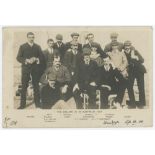 M.C.C. tour to Australia 1903/04. Sepia real photograph postcard of the M.C.C. team on board ship.