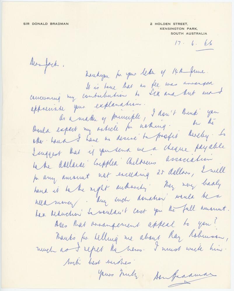 Don Bradman. Australia. Original handwritten one page letter from Don Bradman to Jack Pollard