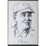 Wilfred Rhodes. Yorkshire & England 1898-1930. Pen and ink caricature of Rhodes, head and