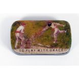 'To Play with Grace'. Cricket snuff box. Victorian papier mache oblong snuff box. The hinged lid