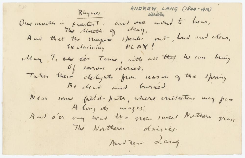 Andrew Lang. Scottish poet and writer. A twelve line poem written in ink in Lang's own hand on one