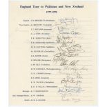 England tour to Pakistan and New Zealand 1977-1978. Official autograph sheet for the tour. Fully