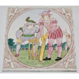 Cricket tile. Victorian 'Malkin Edge' cricket tile, printed in brown with a hand coloured scene of a