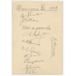 Glamorgan 1938. Album page signed in pencil by eleven members of the Leicestershire team. Signatures