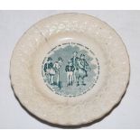 Childs plate. Victorian Staffordshire small plate with scene of boys, one holding a cricket bat,