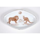 'Where should the Ashes be?'. A Staffordshire oval shaped ceramic dish with the figures of a lion