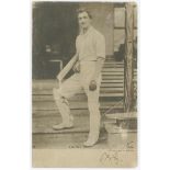 Charles Burgess Fry. Sussex & England 1894-1908. Mono postcard of Fry, full length in batting attire