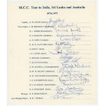 M.C.C. tour to India, Sri Lanka and Australia 1976-1977. Official autograph sheet for the tour.