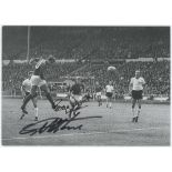 World Cup 1966. Modern mono postcard of Geoff Hurst scoring his first goal for England in the