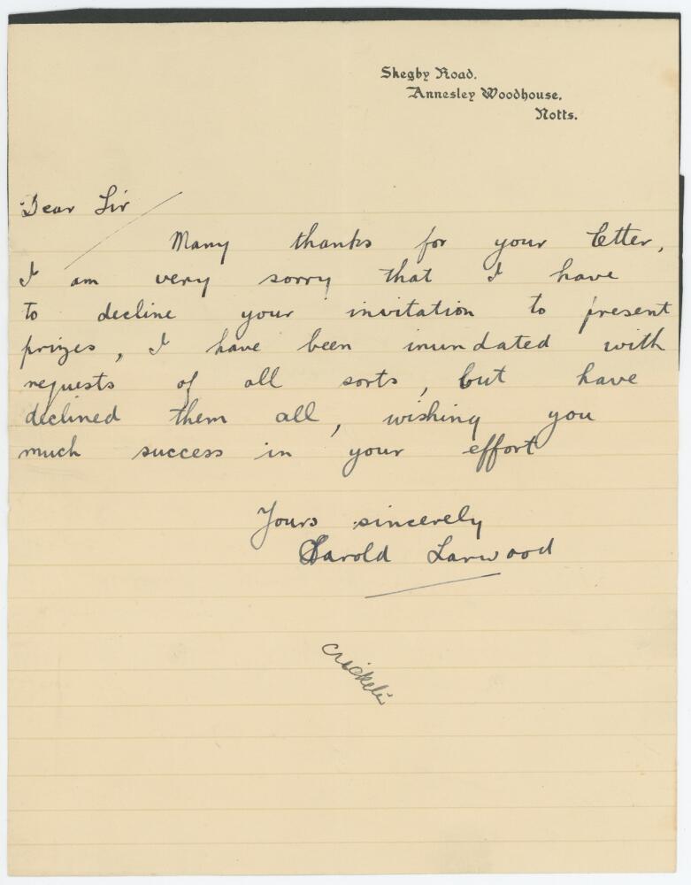 Harold Larwood. Nottinghamshire & England 1924-1938. Single page undated handwritten letter from