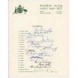 Australia tour to England 1972. Official autograph sheet for the tour. Signed in ink by all