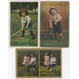 Comic colour postcards early 1900s. Nine colour postcards including children playing cricket,