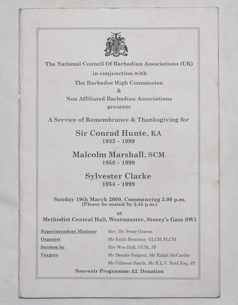 West Indies. Conrad Hunte, Malcolm Marshall and Sylvester Clarke. Official order of service for