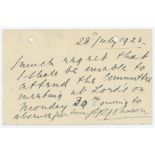 Peter Randall Johnson. Cambridge University & Somerset 1900-1927. Handwritten postcard from