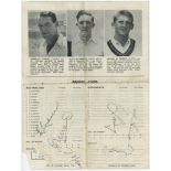 England v Australia Ashes series 1938-1961. A four page souvenir tour programme comprising pen
