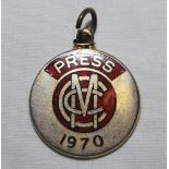John Arlott. Official circular silver metal press badge issued by the M.C.C. in 1970. M.C.C.