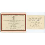 Marylebone Cricket Club 1925. Official invitation to the 'Complimentary Dinner to Mr. A.E.R.