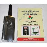 Nigel Plews, Test umpire. A Sheffield pewter hip flask in the form of a cricket bat with removable