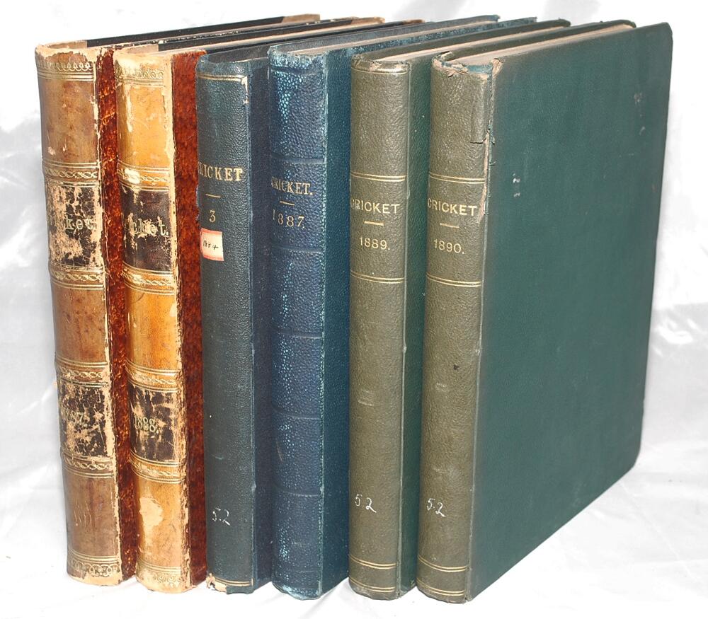 'Cricket: A Weekly Record of the Game'. Volume VI 1887 and Volume VII 1888 bound in quarter leather,