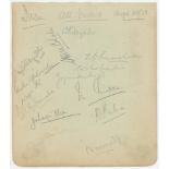 India tour to England 1932. Large album page signed in pencil by fourteen members of the India