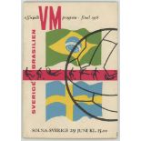 Brazil v Sweden. World Cup Final 1958. Official programme for the Final played in Stockholm on the