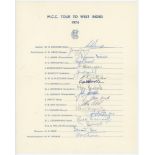 M.C.C. tour to West Indies 1974. Official autograph sheet for the tour. Fully signed in ink by all