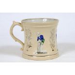 Cricket mug. Extremely large Staffordshire waisted mug with strap handle, with cream background