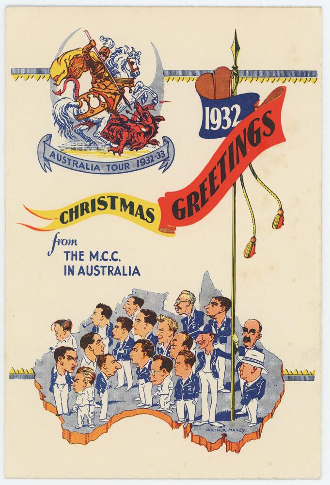 'Bodyline'. Official M.C.C. Christmas card from the M.C.C. 'Bodyline' tour of Australia 1932/33.