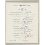 M.C.C. Australasian tour 1965/66. Official autograph sheet for the tour. Fully signed in ink by