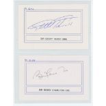 Geoff Hurst and Bobby Charlton. Two white cards with name printed to lower border signed by