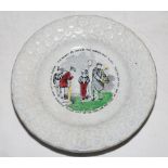Childs plate. Victorian Staffordshire small plate with scene of boys, one holding a cricket bat,