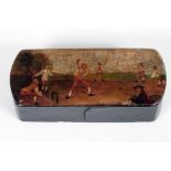 Cricket snuff box. Large Victorian papier mache oblong snuff box. The hinged lid painted with a