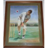 'Freddie Trueman!'. Geoffrey Bink. Original watercolour painting of Trueman in his bowling action.