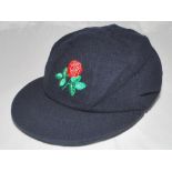 Lancashire C.C.C. navy blue cloth 1st XI cricket cap, by Albion C&D, with embroidered red rose