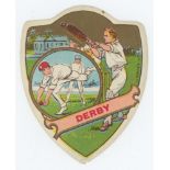 'Derby'. Rare early colour shield shaped trade card with cameo of a fielder to left hand side and