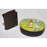 Cricket snuff box. A black lacquered papier mache oval snuff/pill box with hinged lid, believed to
